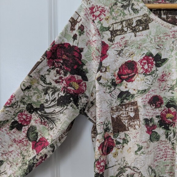 Great Northwest Top Women's Large Cream Red Floral All over Print 3/4 Sleeve Top - Picture 10 of 16